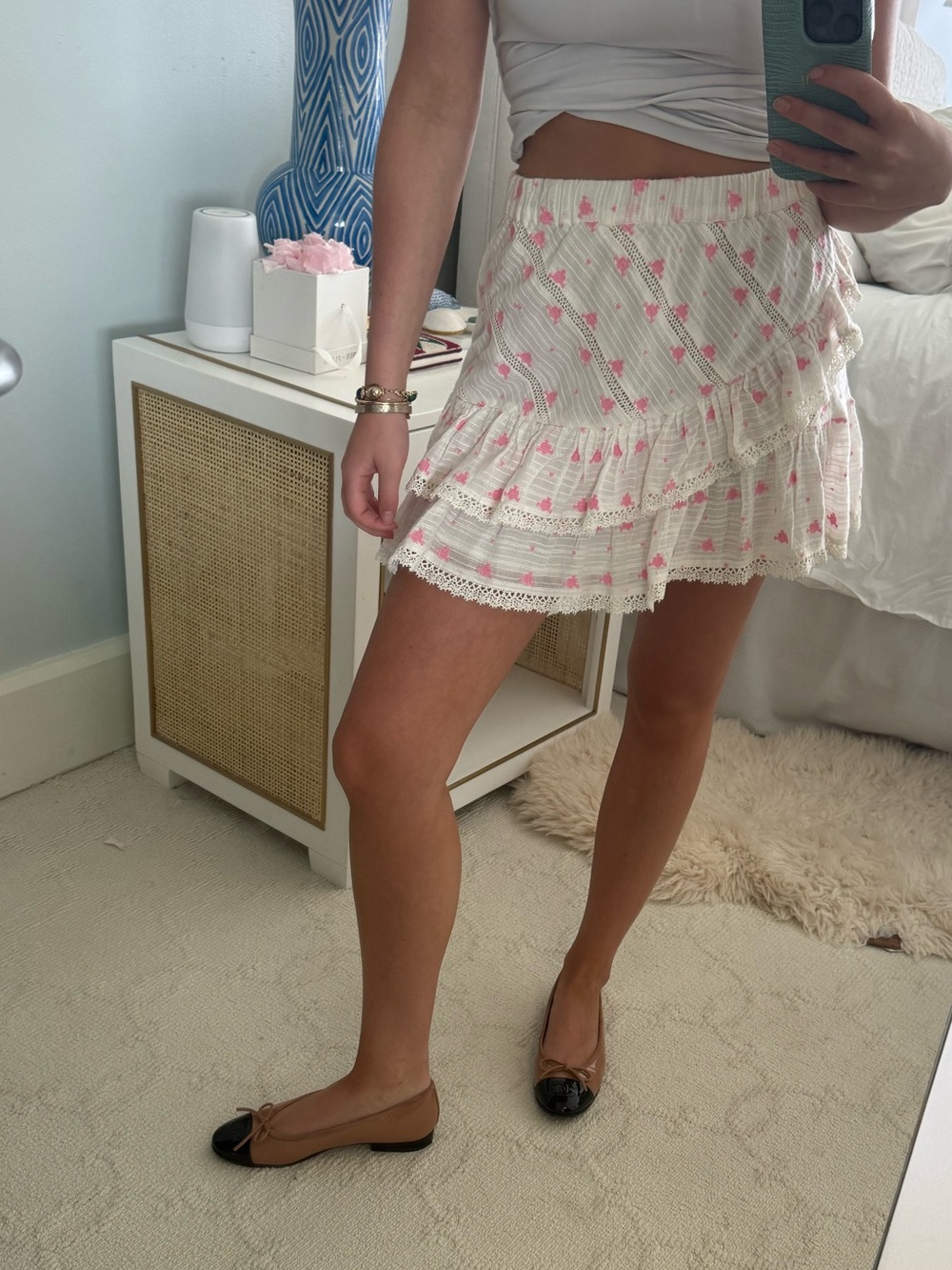 LoveShackFancy Tiered White Mini Skirt with Pink Floral Detail